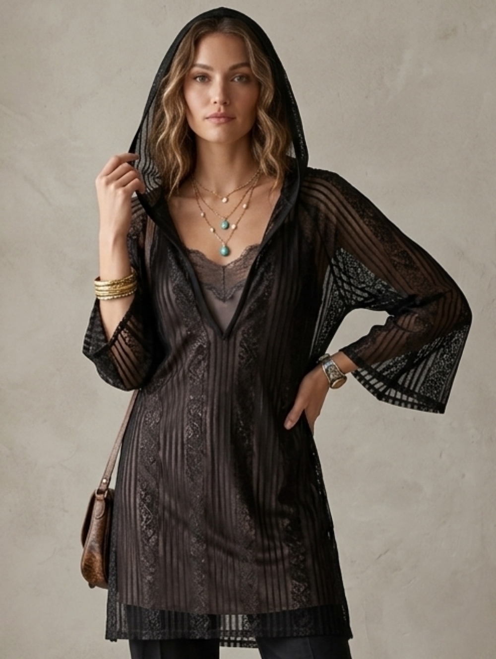 Vintage Taylor Jones Hooded Tunic Mesh Sequins & Lace Black Size M USA Made
